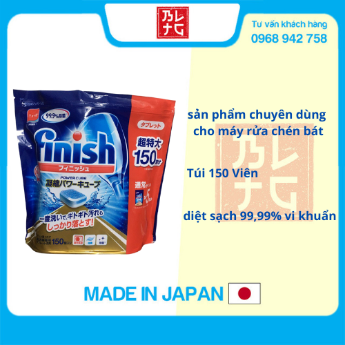 Túi 150 Viên Nước Rửa Chén Bát Finish Diệt Khuẩn 99,99% Nội Địa Nhật Bản (Tặng Khăn Lau)