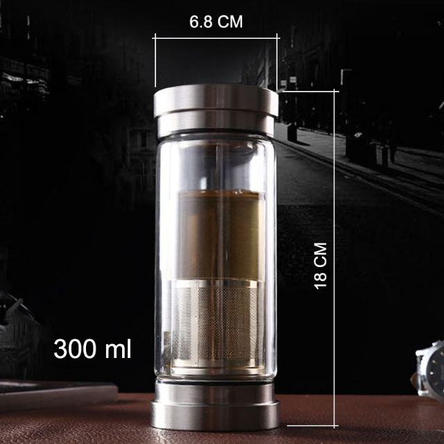 Bình lọc pha tra giữ nhiệt 300ml thủy tinh 2 lớp 2 đầu bằng inox304