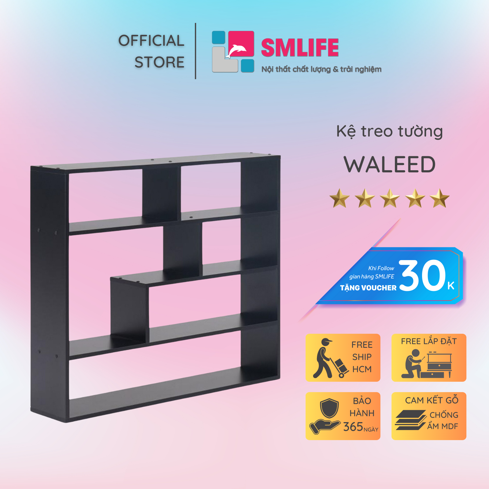 Kệ gỗ treo tường trang trí hiện đại SMLIFE Waleed | Gỗ MDF dày 17mm chống ẩm | D100xR20xC89cm