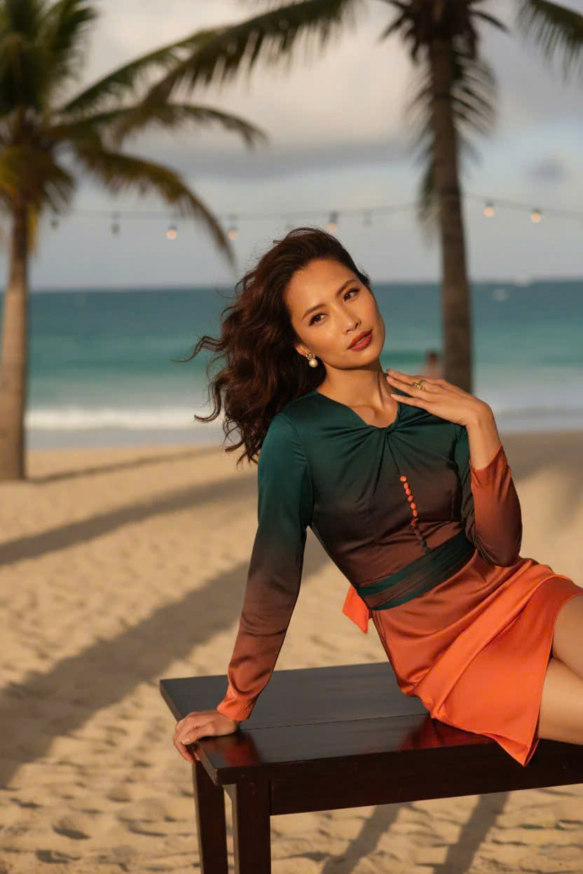 Đầm Mini Ombre Hoàng Hôn, Đầm Ngắn Mini Tay Dài Đi Tiệc thời trang thiết kế Hity Dre164