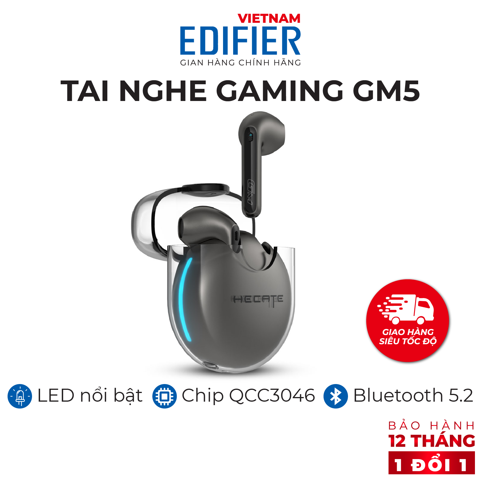 Tai nghe true wireless EDIFIER GM5 HECATE Bluetooth 5.2 Chip Qualcomm atpX Chống nước IPX5 âm thanh Stereo khử tiếng ồn - Hàng chính hãng