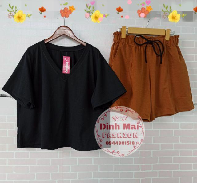 Set áo cổ tim croptop mix quần đùi ống rộng nhún eo lưng cao BIGSIZE