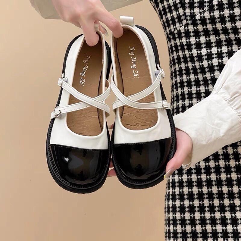 Giày lolita nữ phối màu đen trắng 2 dây quai chéo,Giày da ulzzang nữ phong cách Hàn Quốc