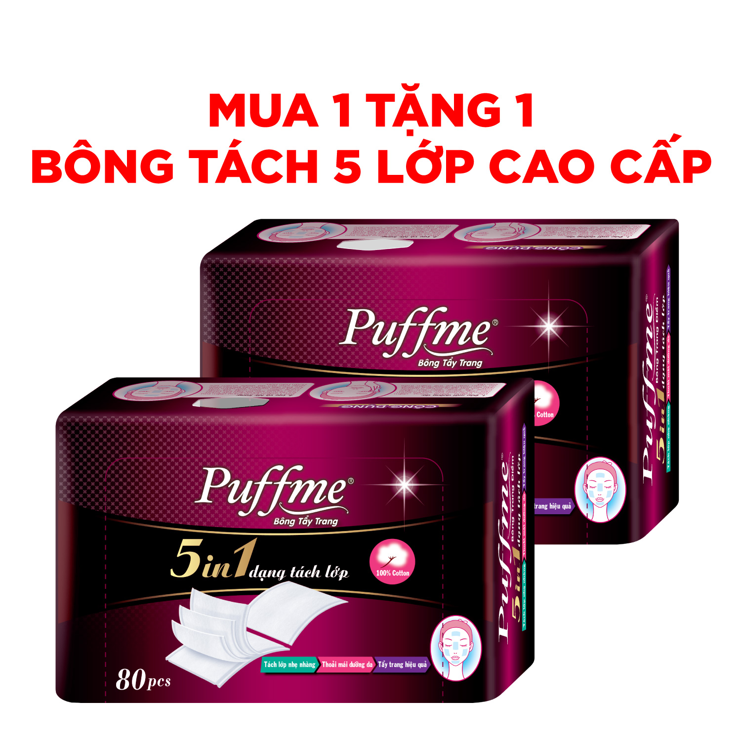 [MUA 1 HỘP TẶNG 1 HỘP} Bông Tẩy Trang Cao Cấp Puffme 5 Lớp 5IN1 80 Miếng/Hộp