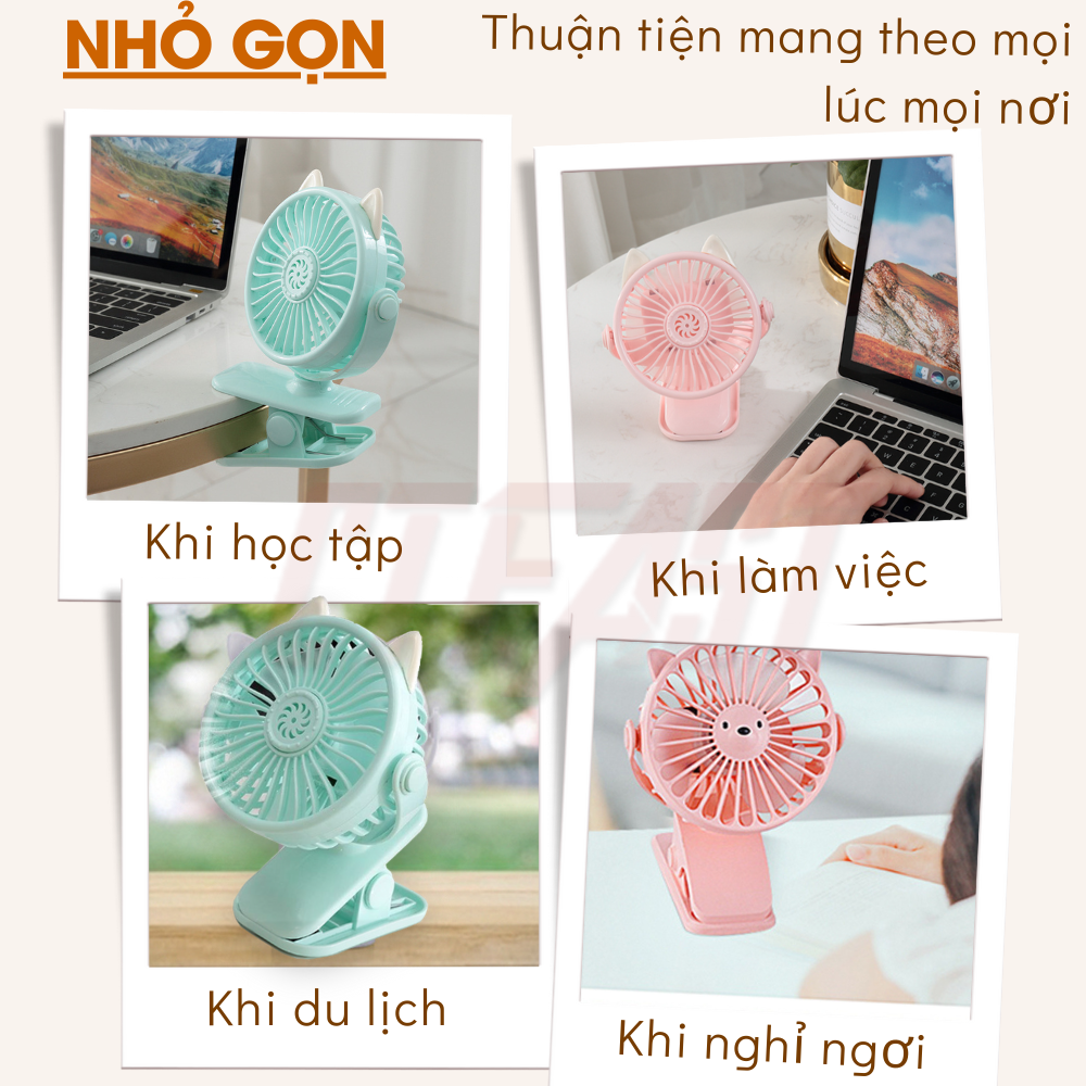 Quạt mini tích điện cầm tay hình mèo CTFAST, quạt để bàn dạng kẹp 2 trong 1 nhỏ gọn tiện dụng, điều chỉnh hướng gió 360 độ, pin sạc 1200mAh - Hàng chính hãng