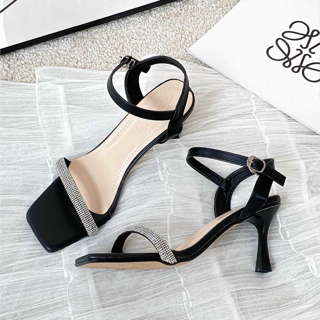 Sandal quai đá nổi mũi vuông gót nhọn - 7P