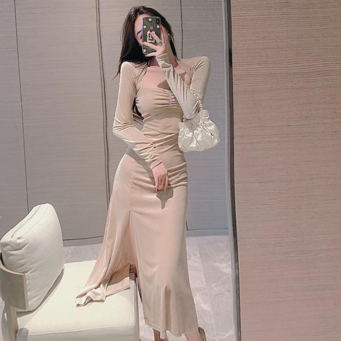 Set ulzzang siêu xinh váy nhung xẻ tà và áo khoác body S M L
