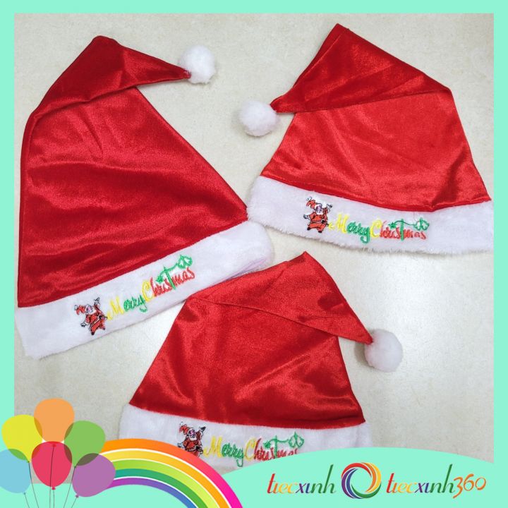 Nón Noel vải nhung viền thêu chữ Merry Christmas