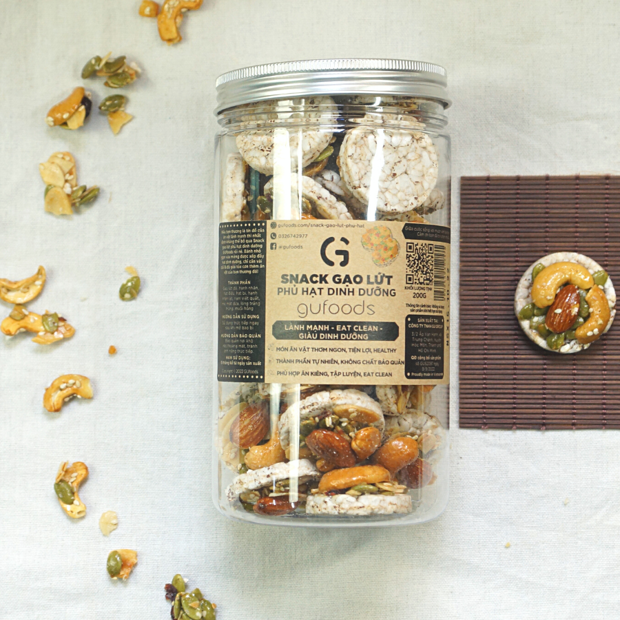 Snack gạo lứt phủ granola siêu hạt GUfoods - Bữa ăn nhẹ tiện lợi, Giàu đinh dưỡng, Ăn vặt healthy, Hỗ trợ giảm cân, Ăn kiêng, Eat clean, Thuần chay