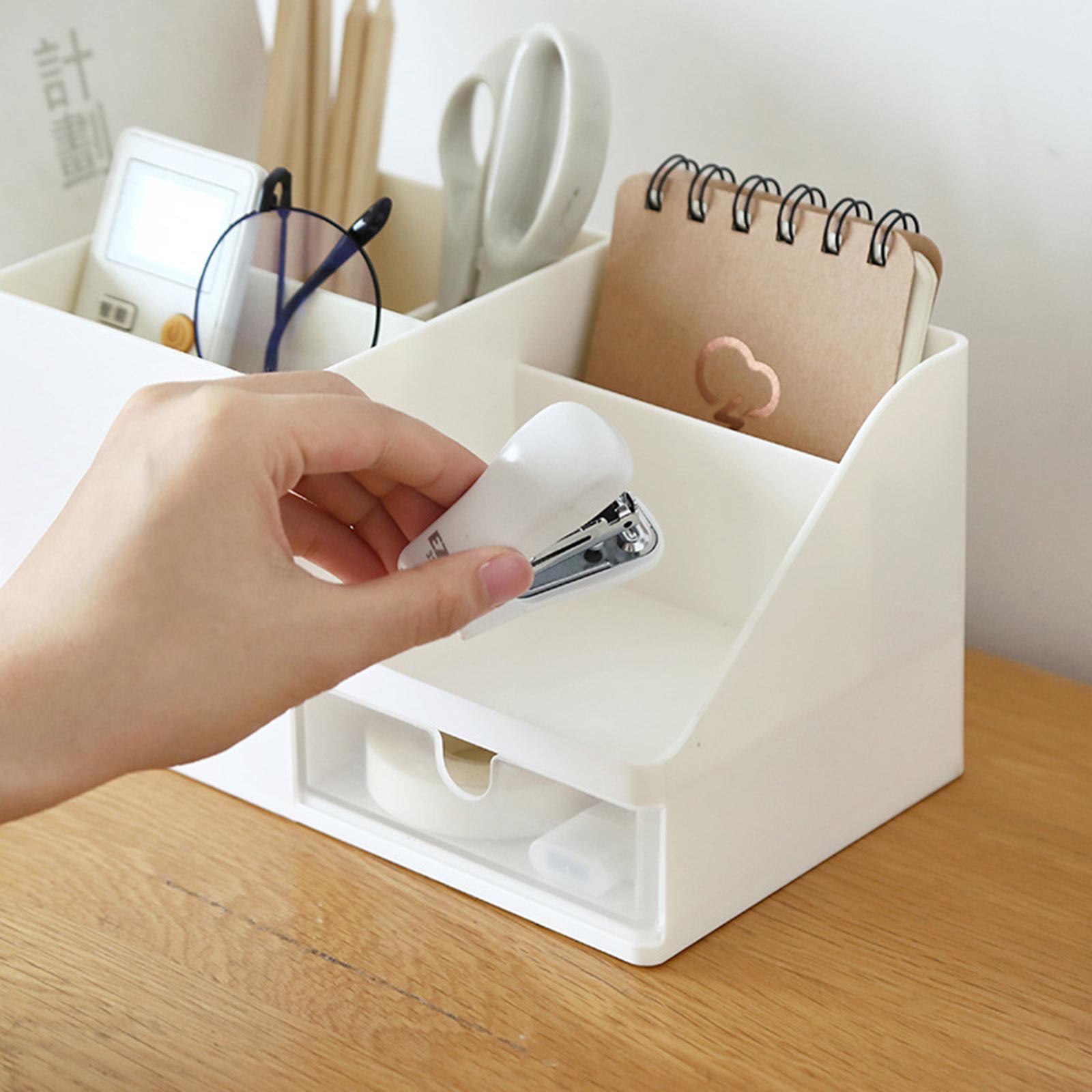 Plastic Desk Organizer 6 Compartments with Pen Holder, Drawer and Book Stand for Home Office and School