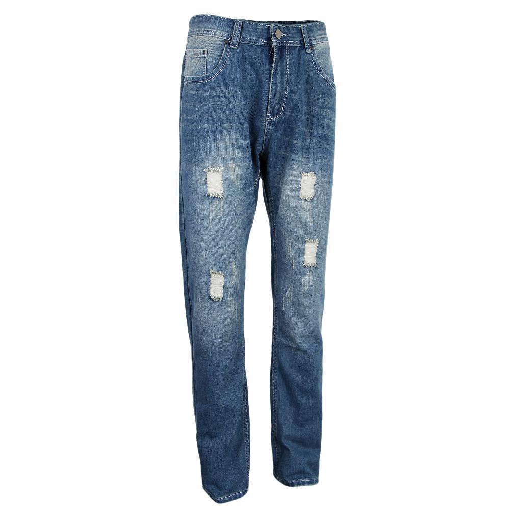 Ripped Straight Vintage Denim Skinny Stretch Jeans with 5 Pockets for Men Women
