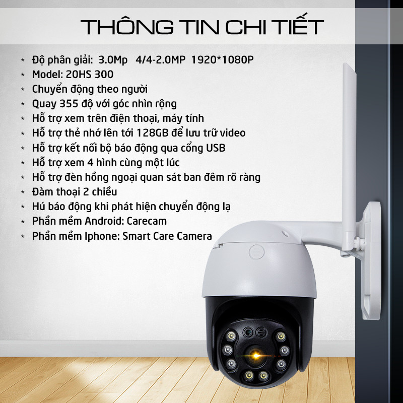 Camera Wifi Quan Sát Ngoài Trời, Model 20HS300, 3.0 FULL HD 1080 Xoay 360 Độ, Góc Nhìn Rộng, Hàng Nhập Khẩu