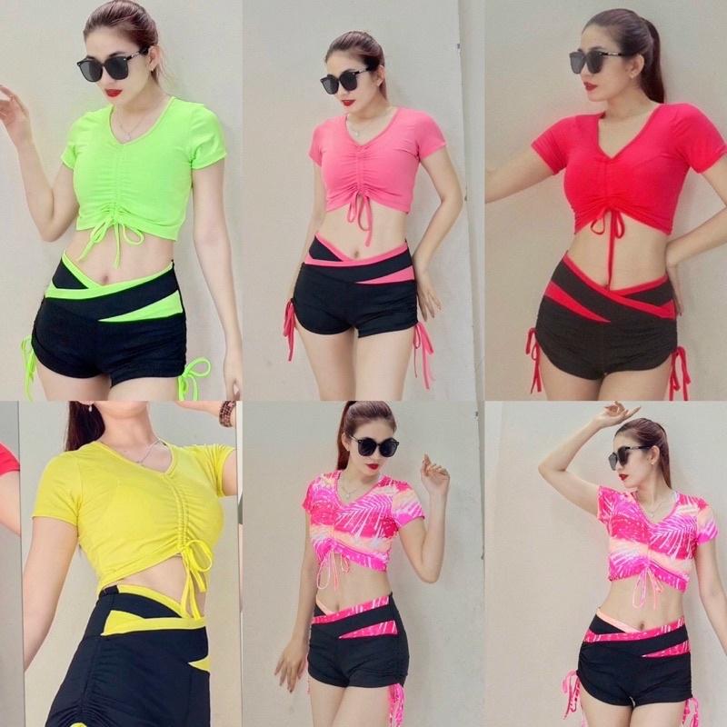 Set bộ đồ tập áo croptop quần đùi rút dây cạp V tập gym, nhảy aerobic nữ