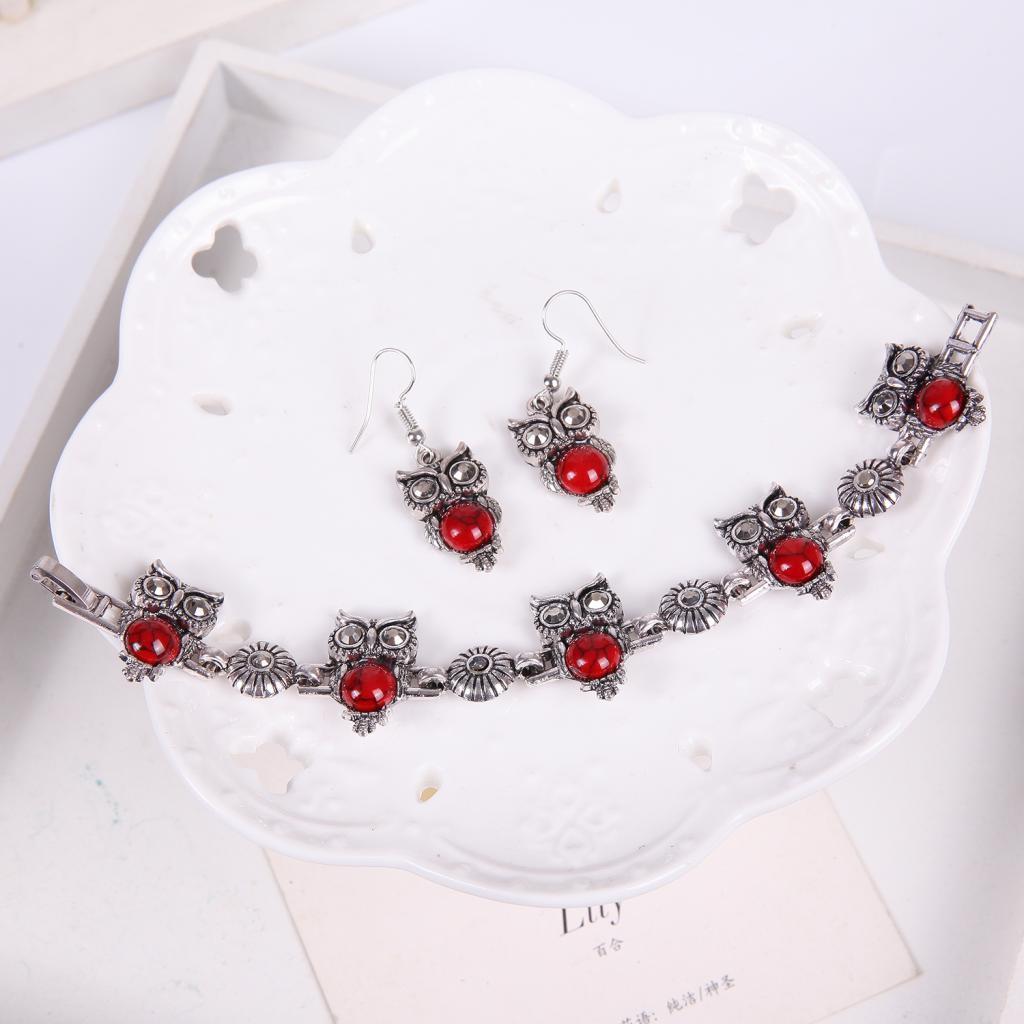 Pendant Necklace Earrings Bracelet Jewelry Set - Owl Red