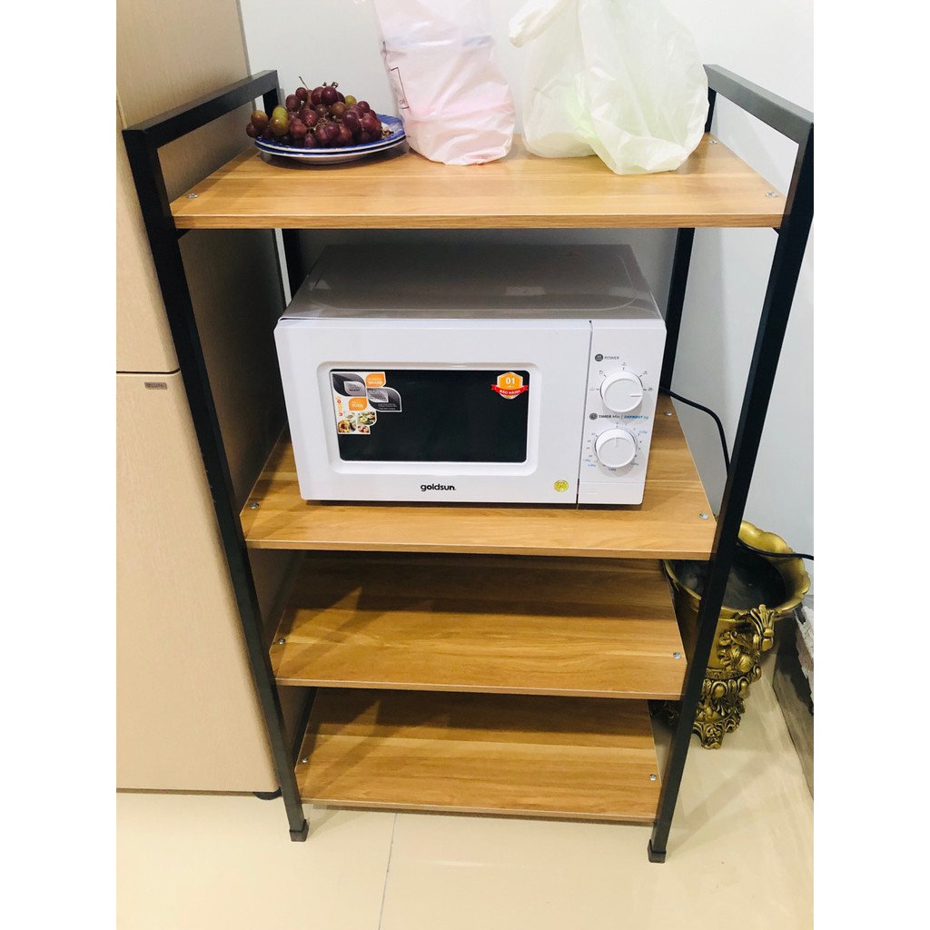 Kệ để lò vi sóng 4 tầng khung thép sàn gỗ, kệ đa năng đựng vật dụng nhà bếp tiện dụng