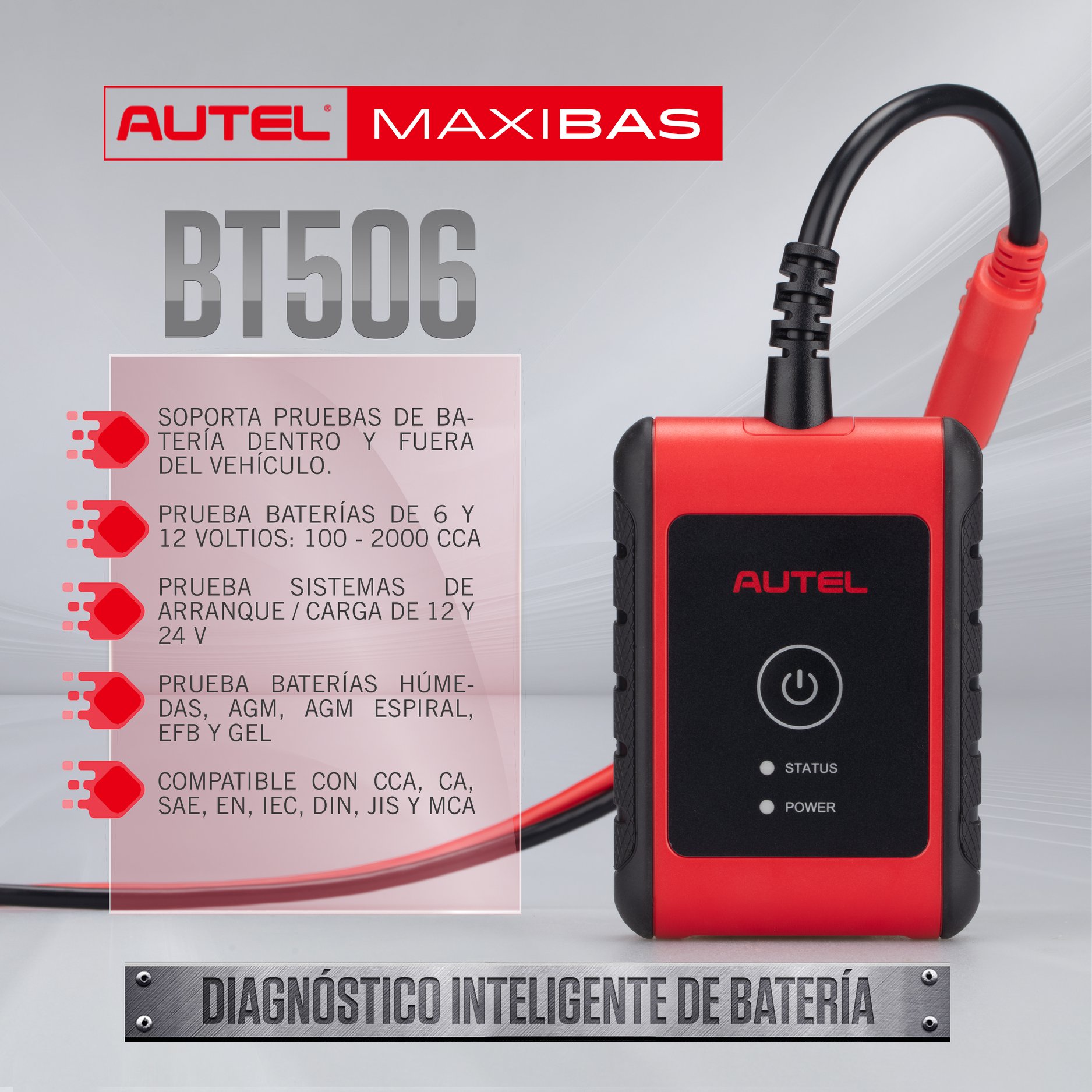 AUTEL MAXIBAS BT506 - Thiết bị đo chất lượng, tuổi thọ bình ắc quy ô tô xe máy 12V - 6V. Kết nối không dây Bluetooth với điện thoại, máy tính bảng hệ điều hành Android, IOs, Iphone. Chức năng kiểm tra Đề, Sạc, Dynamo- HÀNG CHÍNH HÃNG