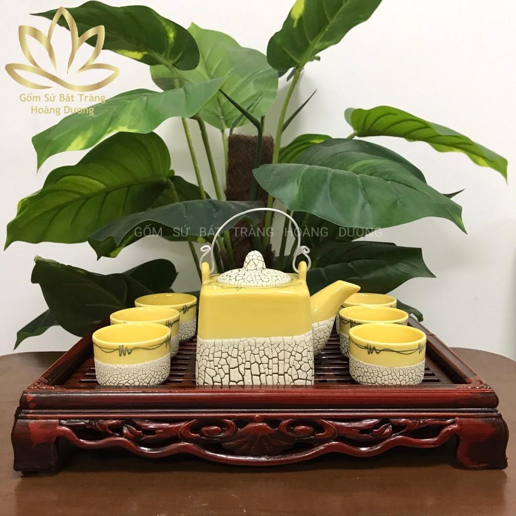 Bộ ẤM CHÉN TRÀ men rạn Bát Tràng dáng vuông vàng kèm khay
