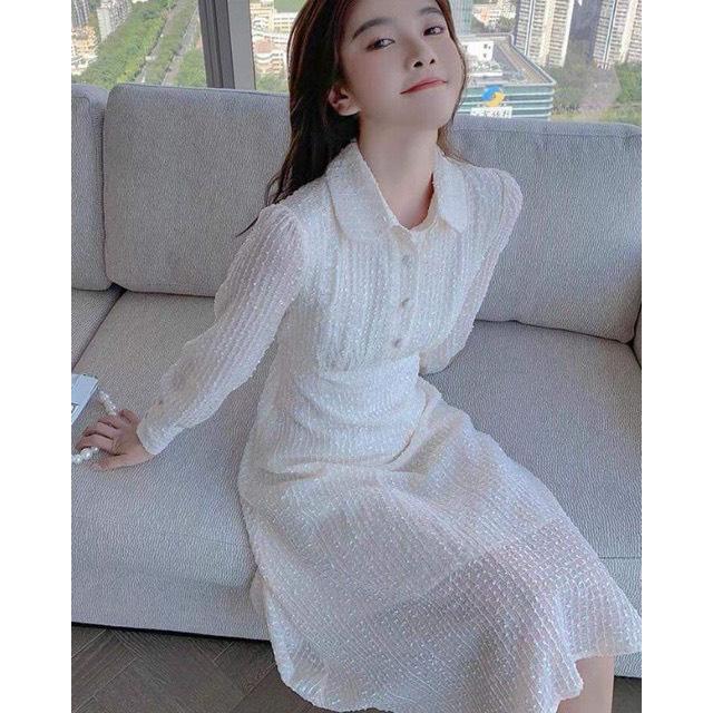 ĐẦM MIDI CỔ SEN TAY DÀI CHẤT VOAN NỔI 12938