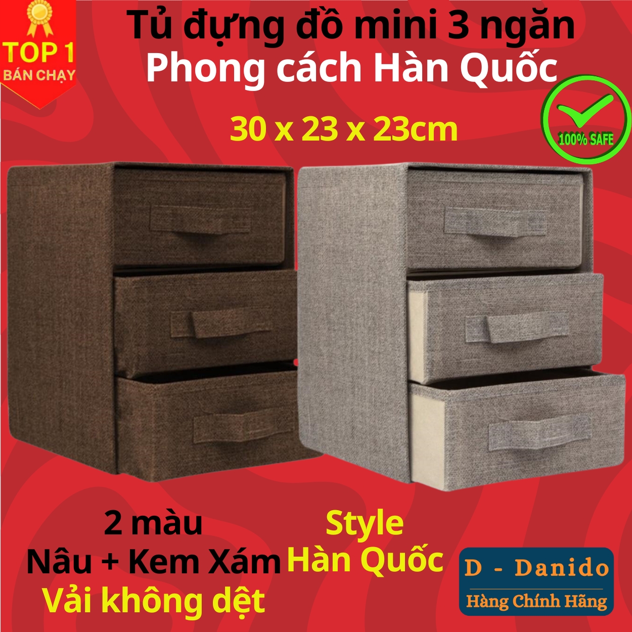 Tủ đựng đồ mini 3 ngăn phong cách Hàn Quốc trang nhã – Hộp vải đựng đồ đa năng 3 tầng size 30x23x23cm chính hãng D Danido