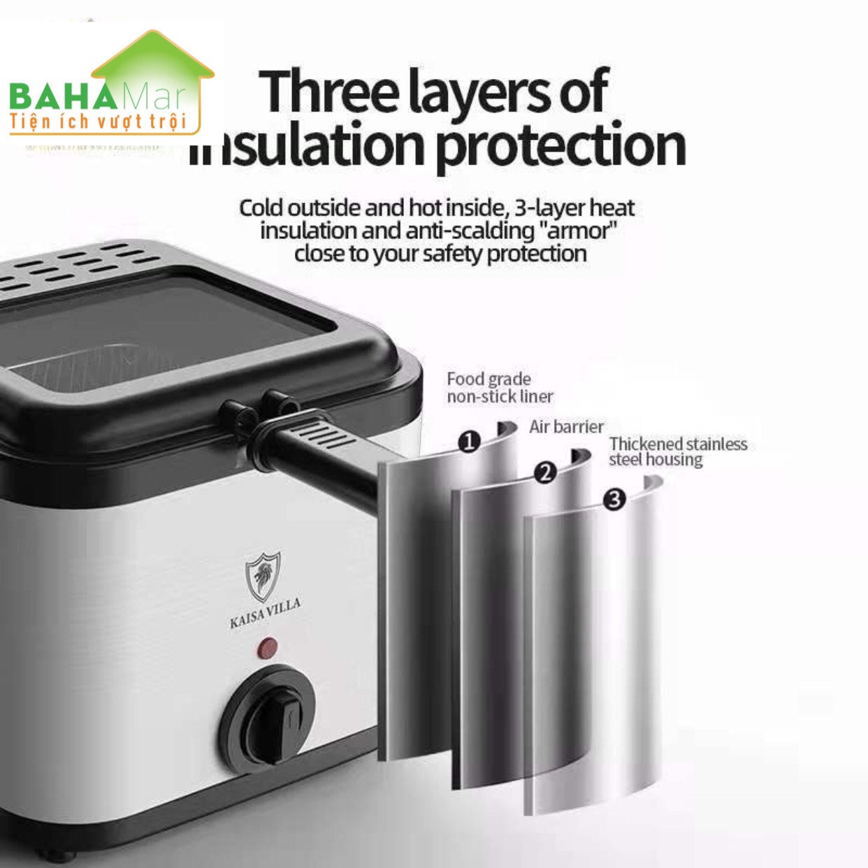 NỒI CHIÊN NHÚNG ĐIỆN ĐA CHỨC NĂNG CÓ THỂ ĐIỀU CHỈNH NHIỆT "BAHAMAR" Có 3 lớp cách nhiệt bảo vệ, Bên ngoài lạnh và nóng bên trong, 3 lớp cách nhiệt và chống dính bảo vệ an toàn