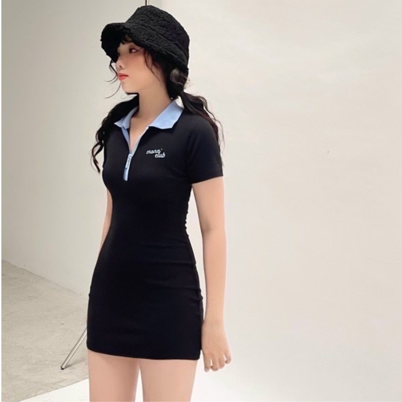 V4- Đầm polo cổ xanh có dây kéo thêu chữ chất thun mịn kiểu dáng trẻ trung nữ tính Hana