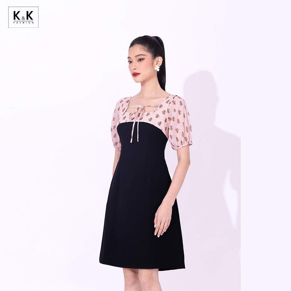 Đầm Chữ A Màu Đen Phối Màu K&amp;K Fashion KK117-14 Chất Liệu Tuyết Mưa Phối Voan Gân