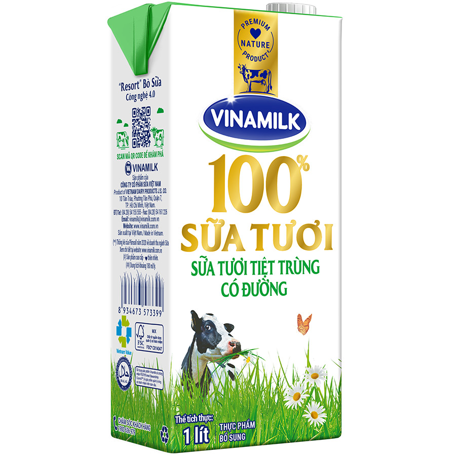 Thùng 12 Hộp Sữa Tươi Tiệt Trùng Vinamilk 100% Có Đường (1L)