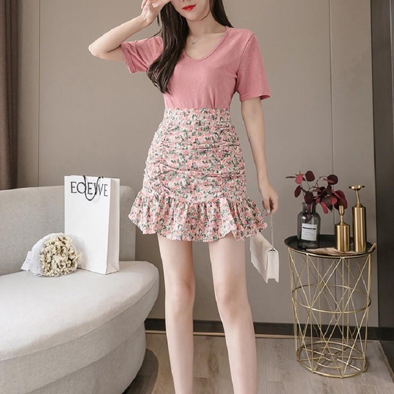 Chân váy hoa nhí Chân Váy Nữ Hoa Nhí Nhúm Vạt Bèo Váy Nữ Hoa Cạp Cap 3 Màu, chân váy ngắn nữ hình hoa nhỏ xinh xắnnnn