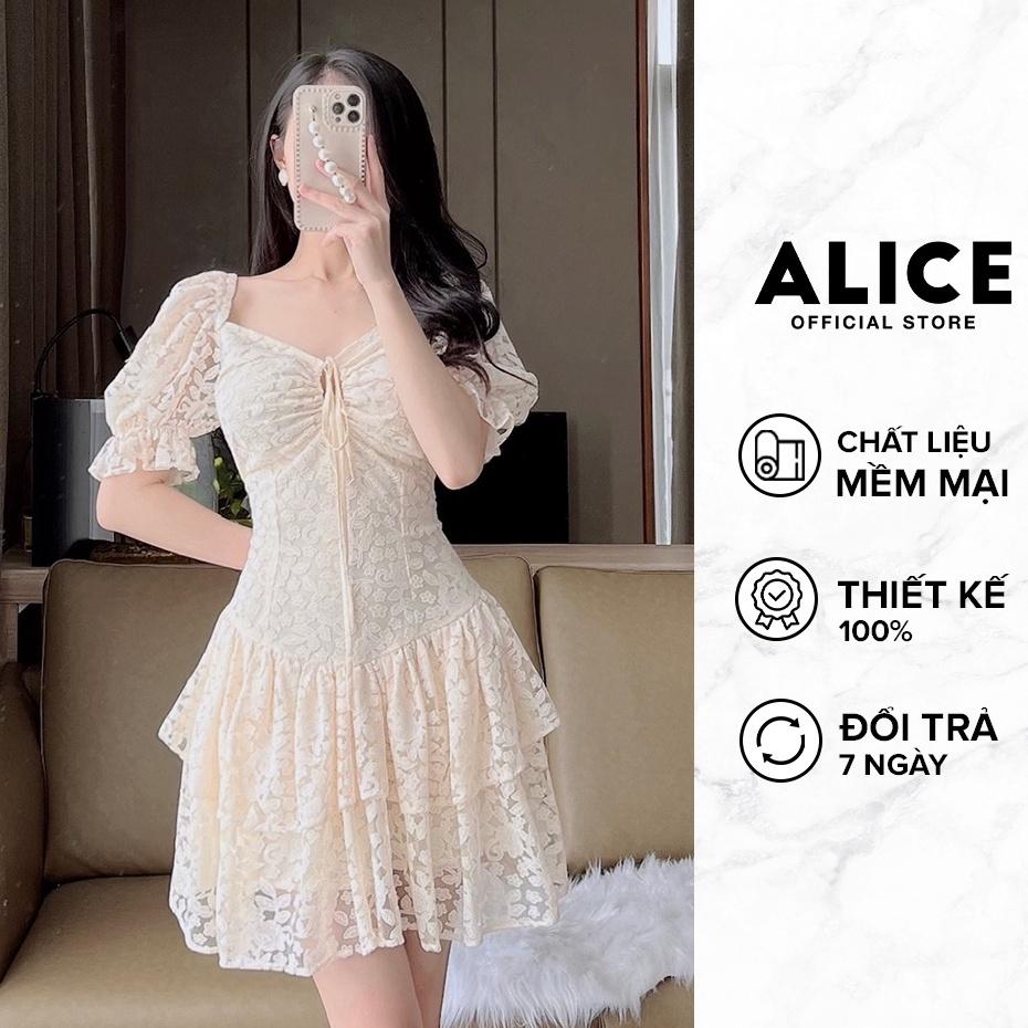 Váy Ren Cổ V Tiểu Thư ALICE Chất Vải Ren Lót Lụa Thiết Kế Dây Rút Ngực Tay Bồng Xếp Tầng Chân Váy V811