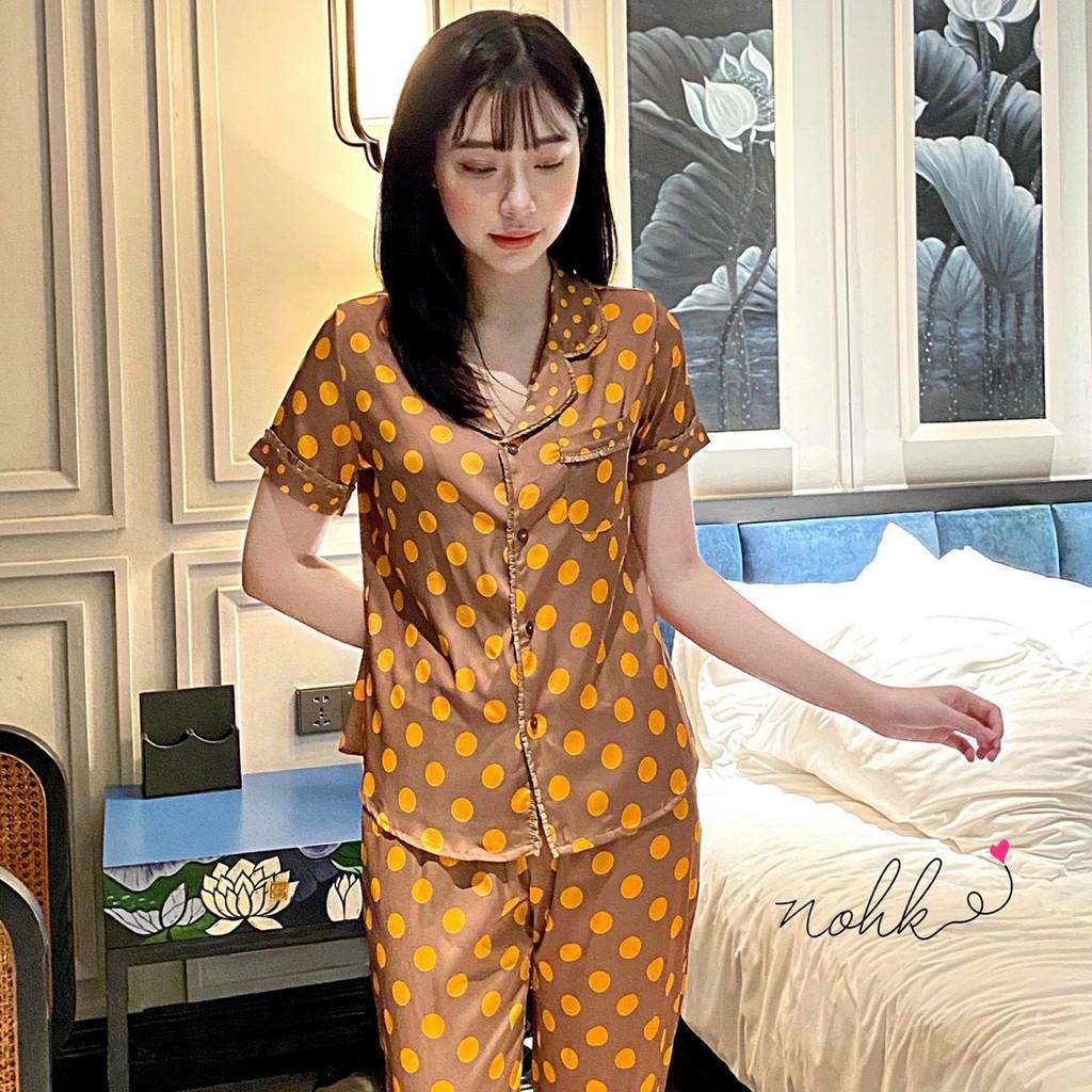 Bộ ngủ Pijama lụa chấm bi to cộc tay cao cấp