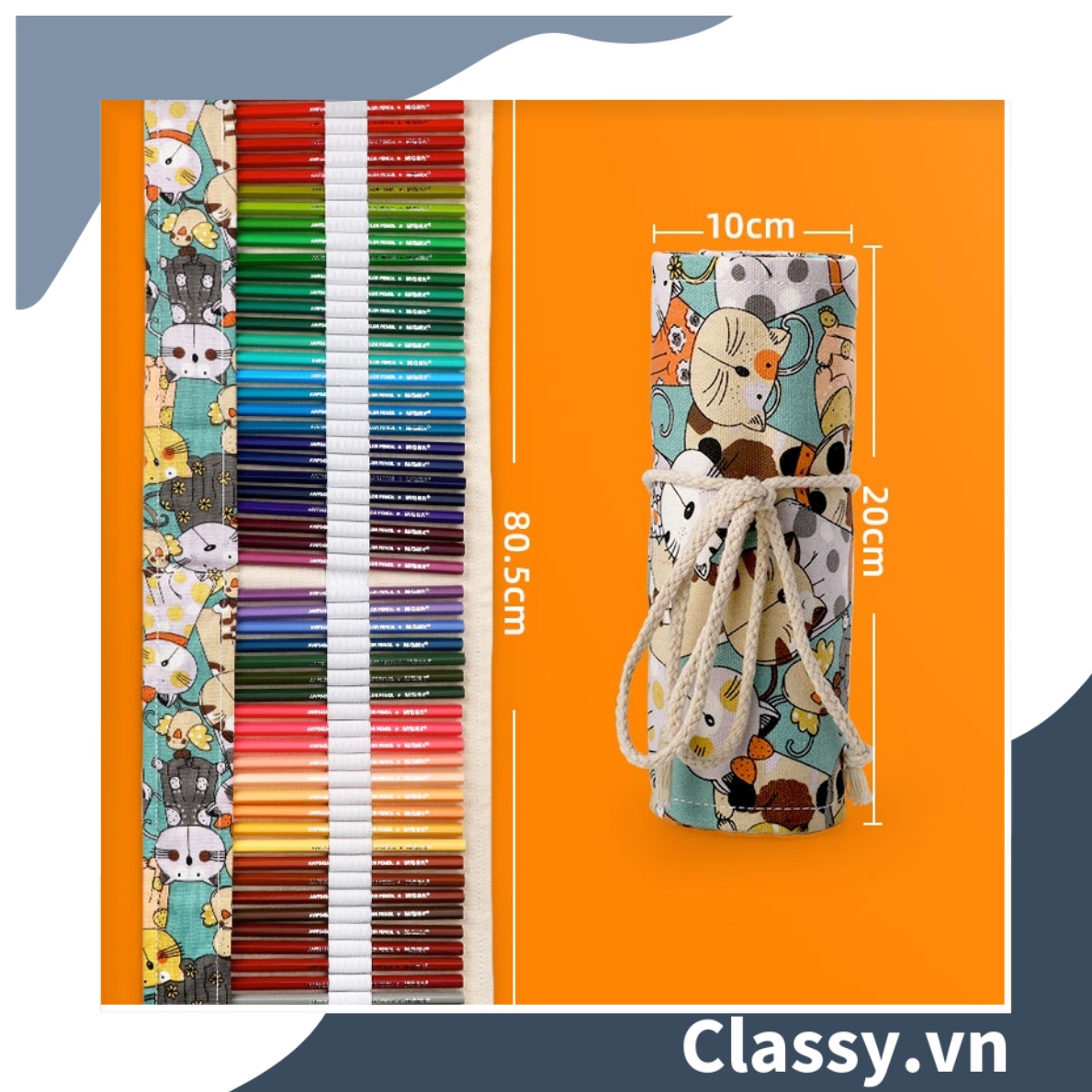 Túi đựng bút dạng cuộn vải cotton, phong cách vintage hình mèo PK617