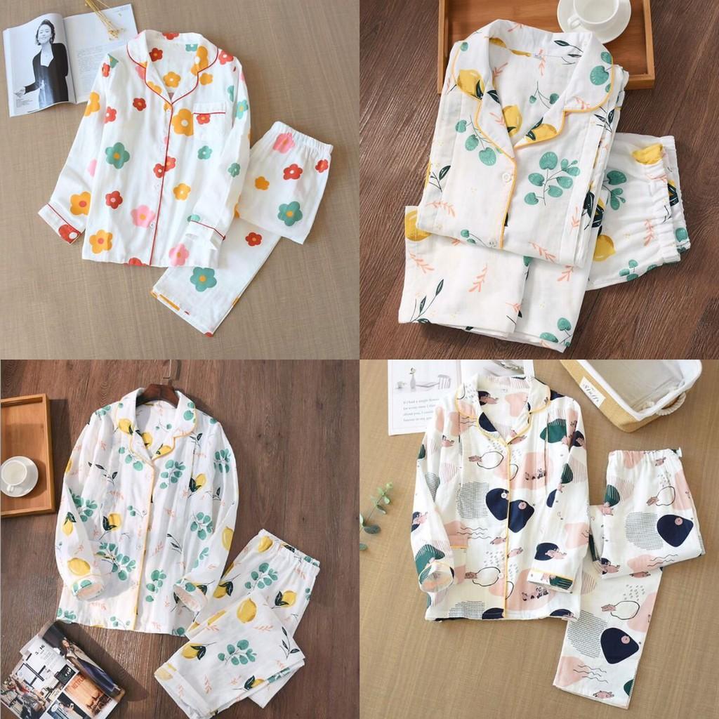 Bộ Đồ Pyjama Bầu Và Sau Sinh Dài Tay Azuno AZ9449 Mặc Mùa Hè Cực Mát Chất Liệu Xô Nhật