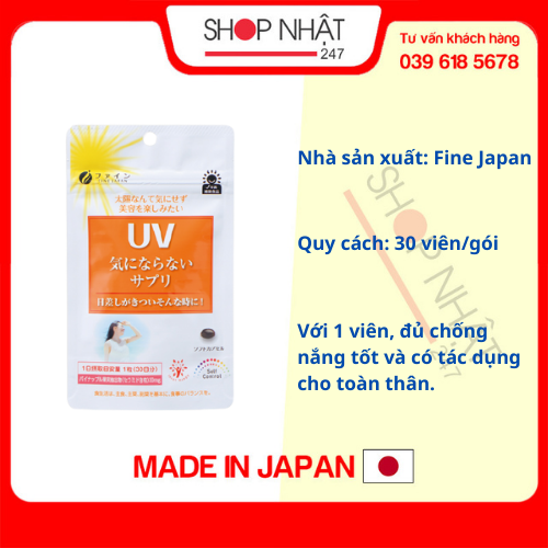 Viên uống chống nắng UV Fine Japan 30V, chống nắng toàn diện - Tặng túi zip 3 kẹo mật ong Senjaku