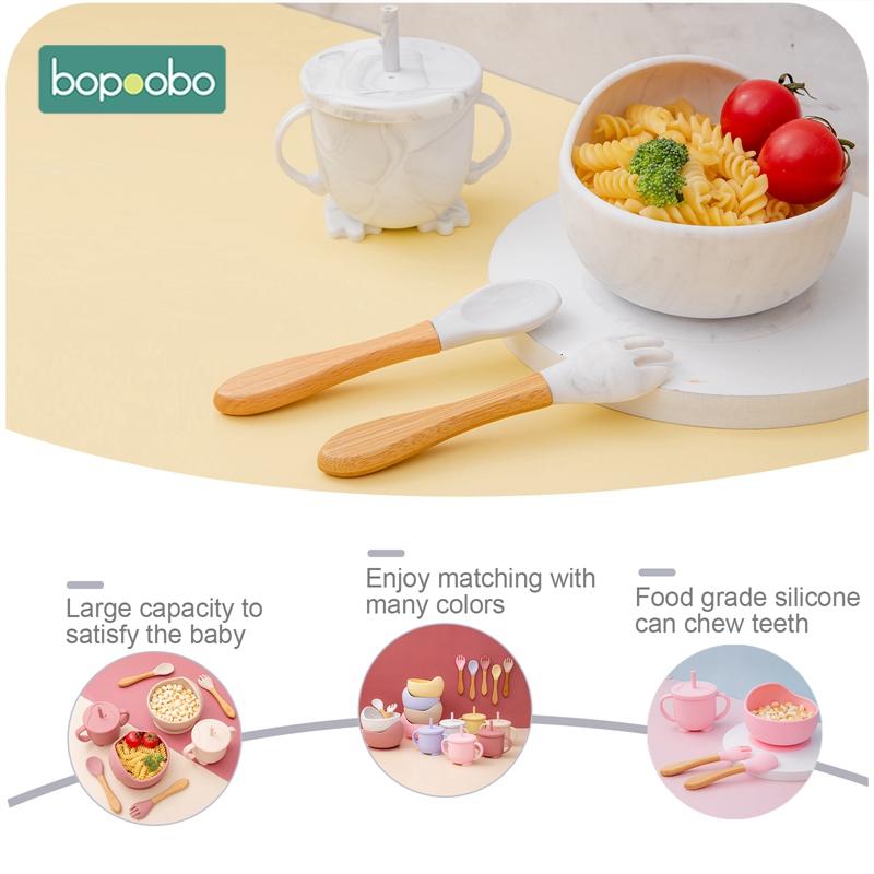 Dẻo Silicone Cho Bé BÁt 4Pc/1 Bộ Bộ Đồ Ăn Chống Thấm Cho Bé Học Tập Tô Bộ Gỗ Giỏ Muỗng Nĩa Không chống Trượt Cho Trẻ Học