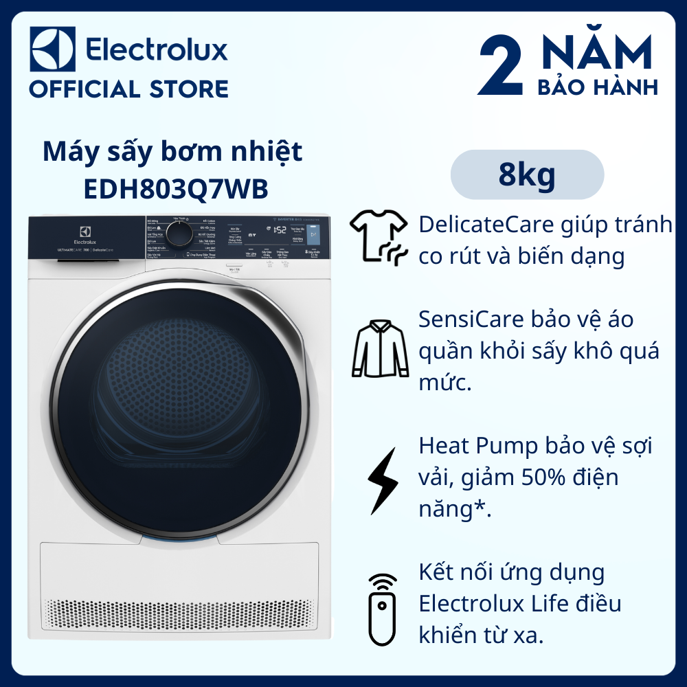 Máy sấy bơm nhiệt Electrolux Heat Pump 8kg UltimateCare 700 EDH803Q7WB - bảo vệ áo quần khỏi sấy khô quá mức [Hàng chính hãng]