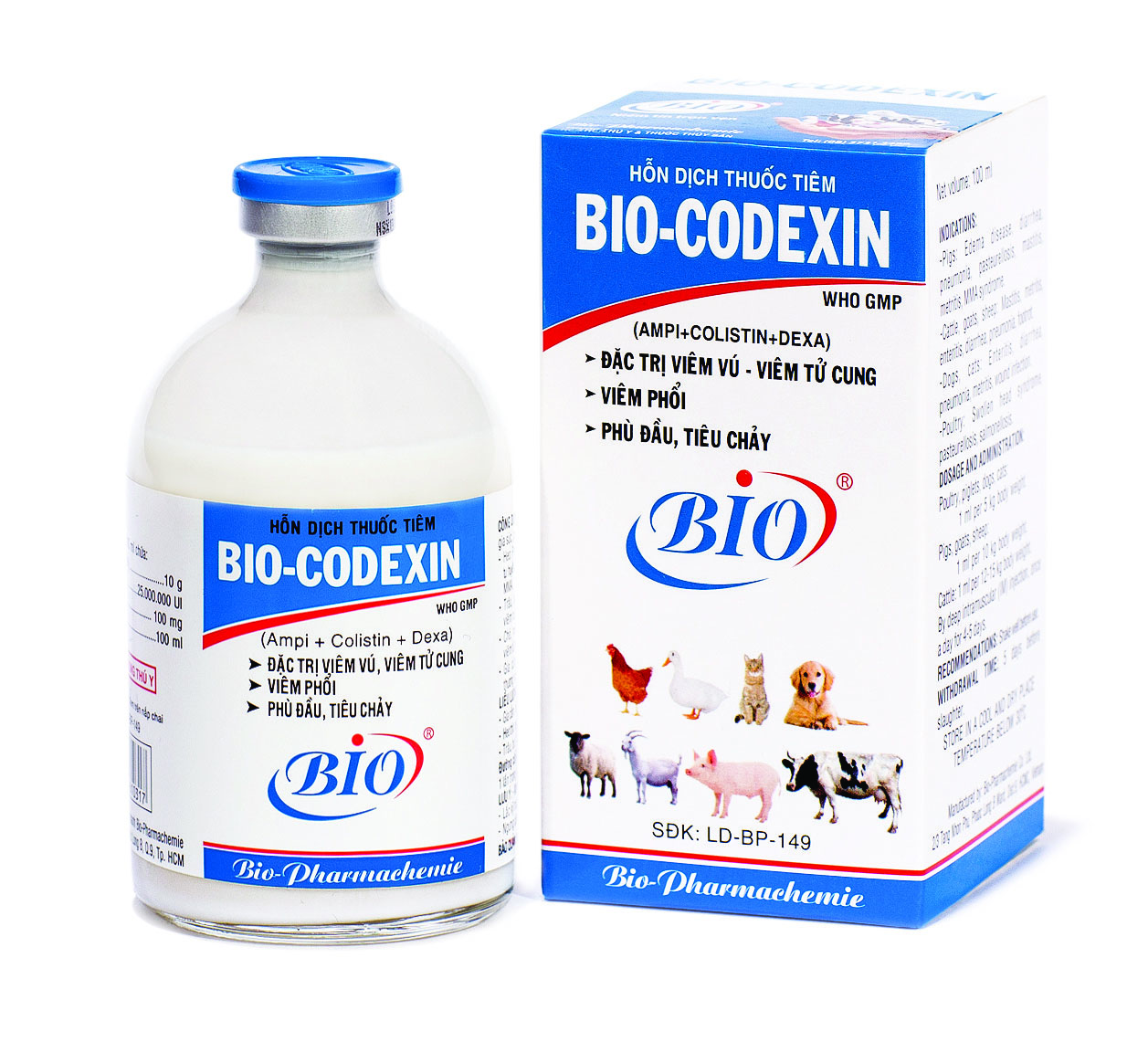 Hỗn dịch thuốc tiêm BIO- CODEXIN T.rị nhiễm trùng đường hô hấp, đường ruột, sinh dục,sưng phù đầu, tụ huyết trùng, thương hàn trên gia súc, gia cầm