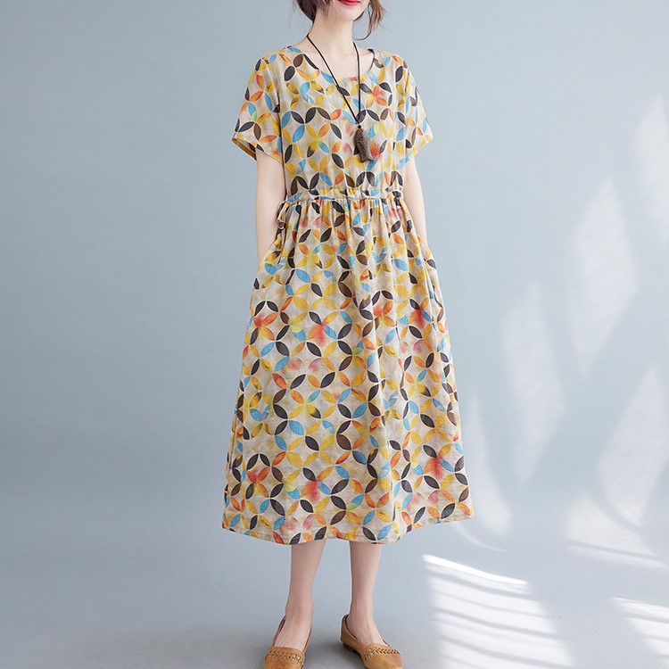 Váy Hoa Nhí Vintage Dáng dài, Đầm tay ngắn cổ tròn Hoạ tiết Hoa Nhí kèm dây rút eo cho nàng xinh xắn Đũi Việt