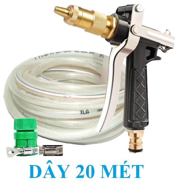 Bộ dây vòi xịt nước rửa xe, tưới cây . tăng áp 3 lần, loại 20m 206236 đầu đồng,đai +tặng mở chai TL