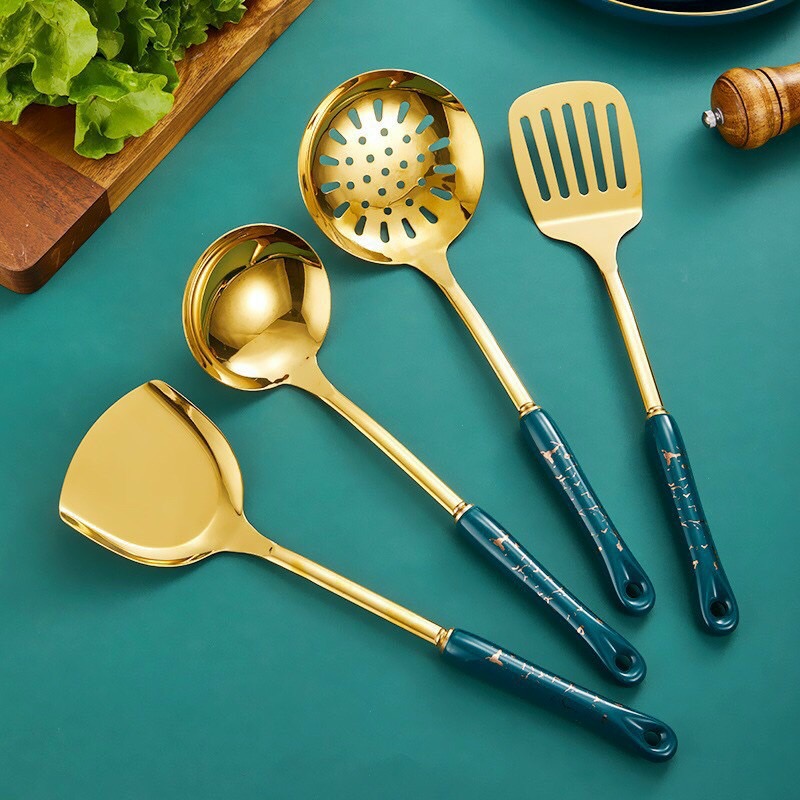 Set môi thìa nhà bếp 7 chi tiết cao cấp, bộ dụng cụ nhà bếp Men ngọc lục bảo chống gỉ sét cao cấp