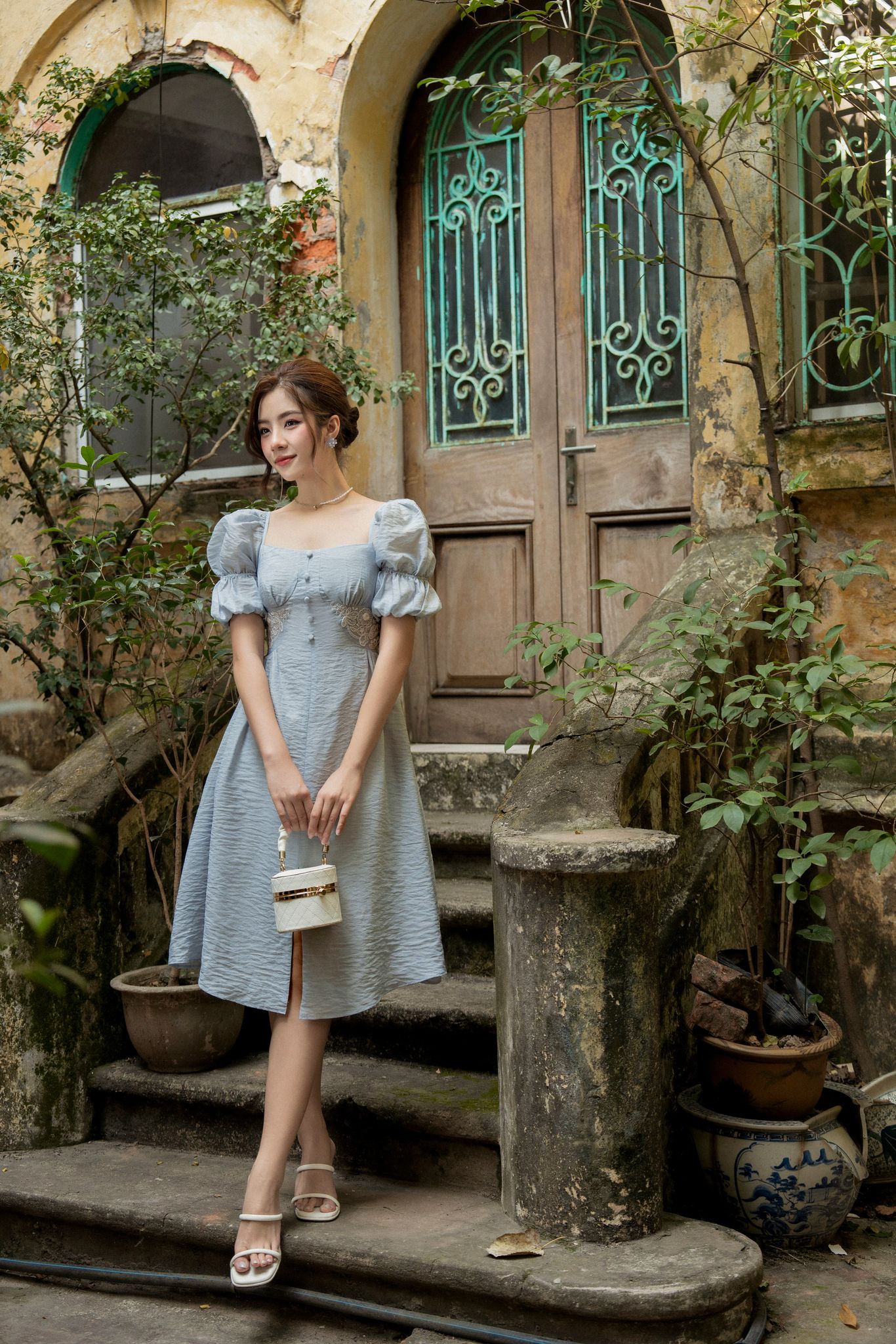 OLV - Đầm Indigo Button Embro Dress