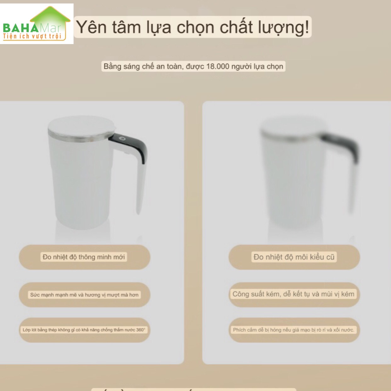 CỐC THÔNG MINH TỰ ĐỘNG KHUẤY TỪ TÍNH VÀ CẢM BIẾN ĐO NHIỆT ĐỘ DÙNG ĐA NĂNG &quot;BAHAMAR&quot; công suất mạnh trộn tốc độ cao giúp đồ uống không vón cục, rất mịn mượt có mànhình cảm ứng LCD hiển thị nhiệt độ