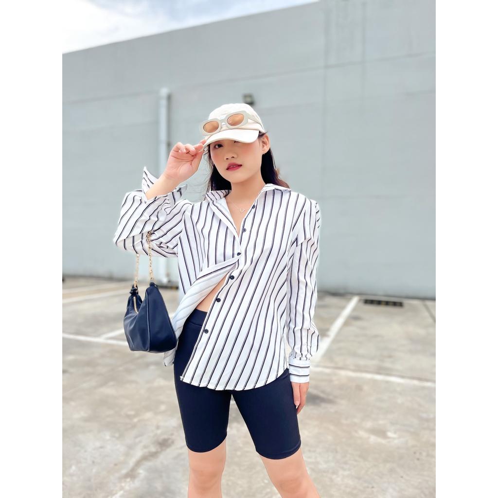Aó sơ mi trắng kẻ sọc, áo sơ mi tay dài dáng rộng oversize cho nữ, dễ phối đồ