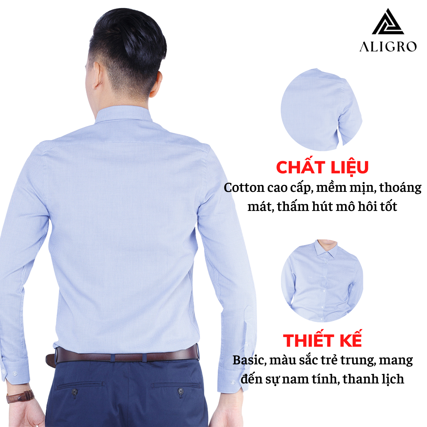 Hình ảnh Áo sơ mi nam dài tay ALIGRO 100% chất cotton, thoáng mát, thấm hút mồ hôi tốt xanh dương nhạt cổ bẻ dáng ôm body ALGS145