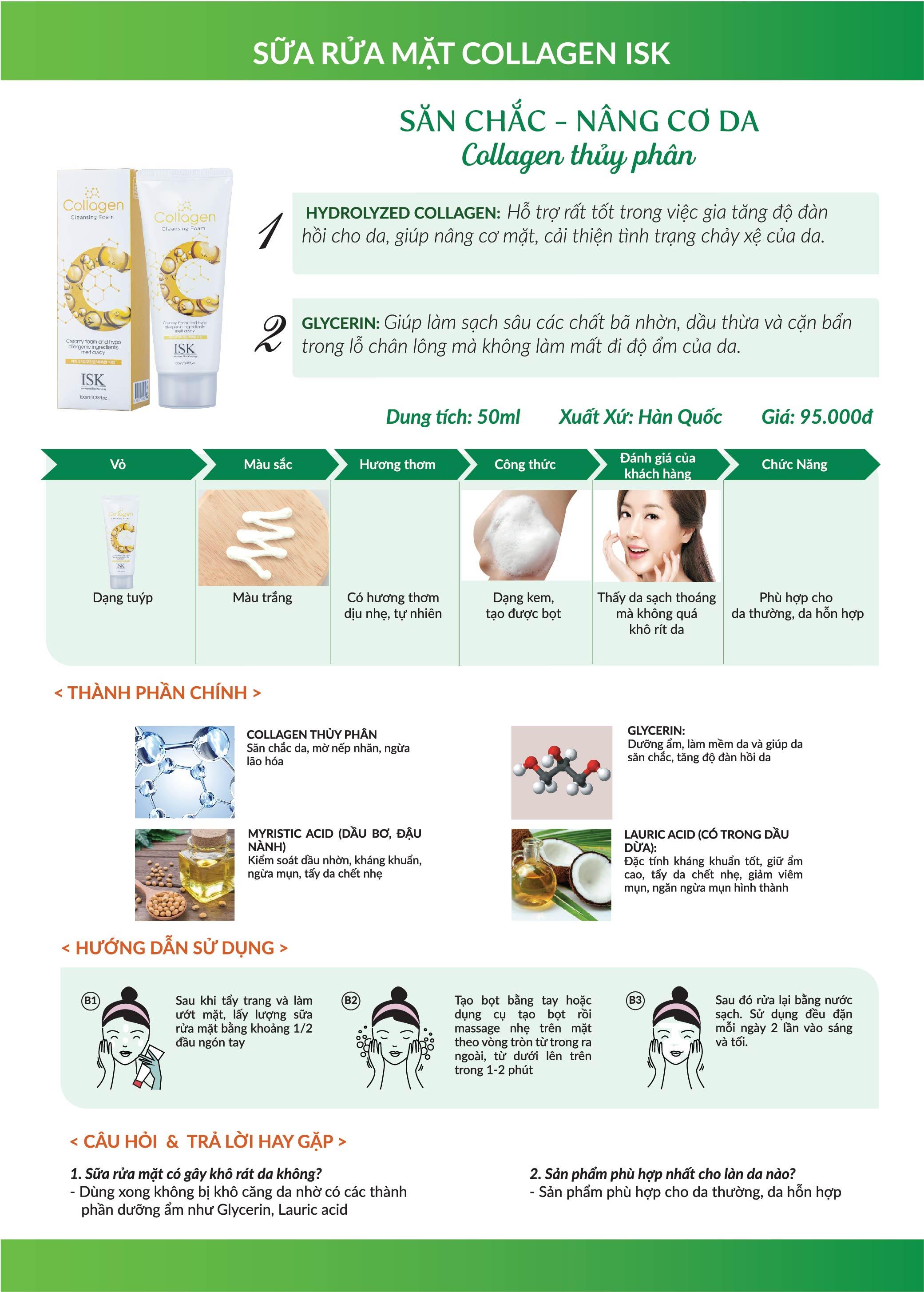 Sữa rửa mặt Collagen săn chắc và nâng cơ da ISK Hàn Quốc 100ml tặng kèm móc khóa