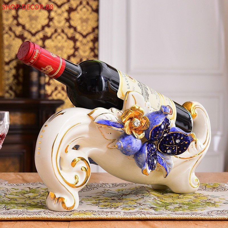 Kệ để chai vang gốm trắng cao cấp họa tiết cành lựu vẽ vàng 24k Decor trang trí nhà đẹp