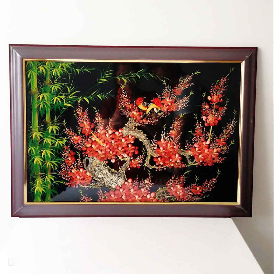 Tranh sơn mài tranh phong thủy trúc đào sum họp SM00003 60x40cm