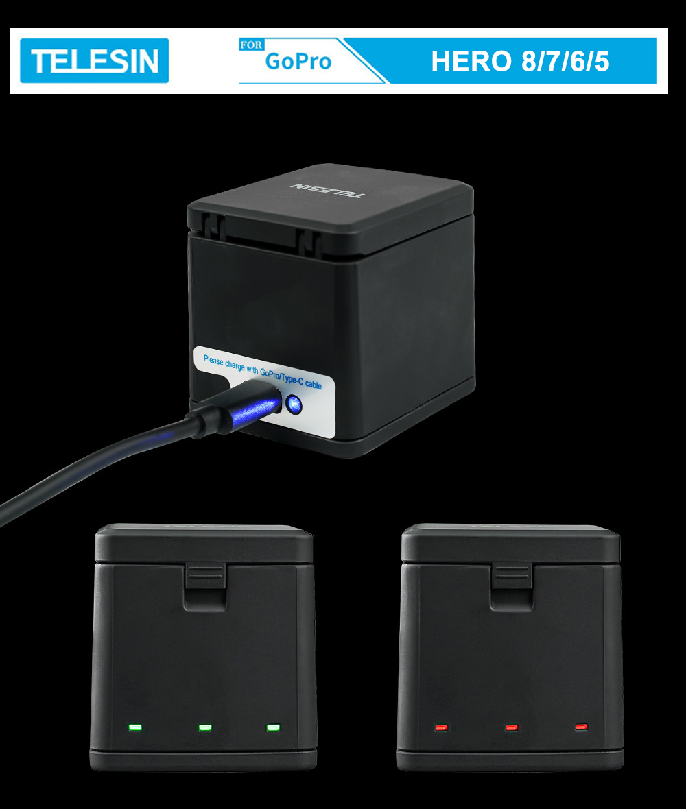 Combo sạc 3 + 2 viên pin TELESIN cho GoPro Hero 5, GoPro Hero 6, GoPro Hero 7, GoPro Hero 8, GoPro new Hero 2018