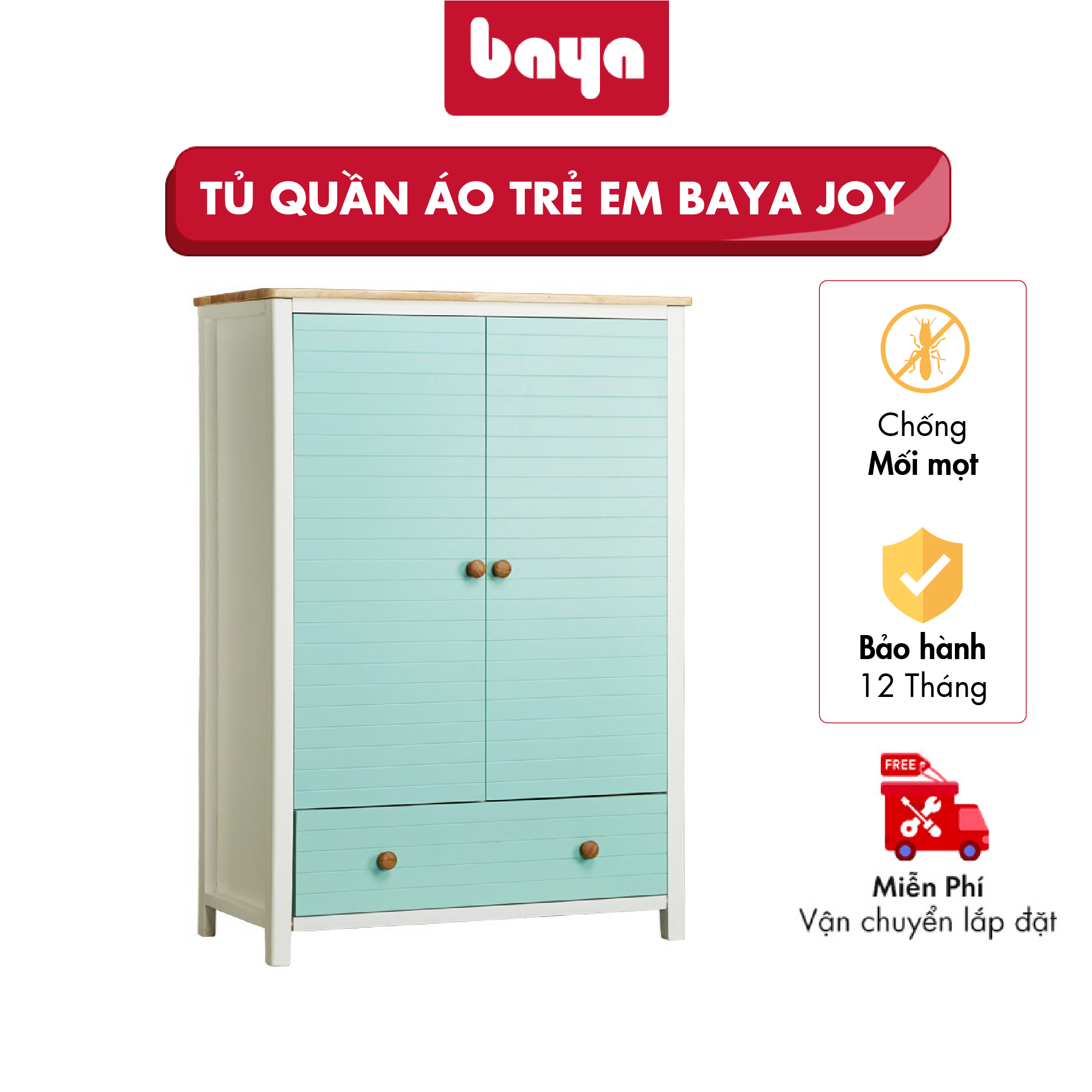 Tủ Quần Áo Trẻ Em BAYA JOY Được Làm Từ Chất Liệu Gỗ Cao Su Kết Hợp Hai Màu Trắng Và Xanh Bạc Hà Thiết Kế Nhiều Ngăn Và Hộc Kéo Giúp Sắp Xếp Quần Áo Gọn Gàng Ngăn Nắp 2000422