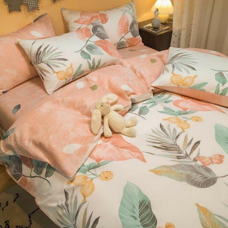 Bộ chăn ga gối cotton fly nhập khẩu mẫu lá hồng