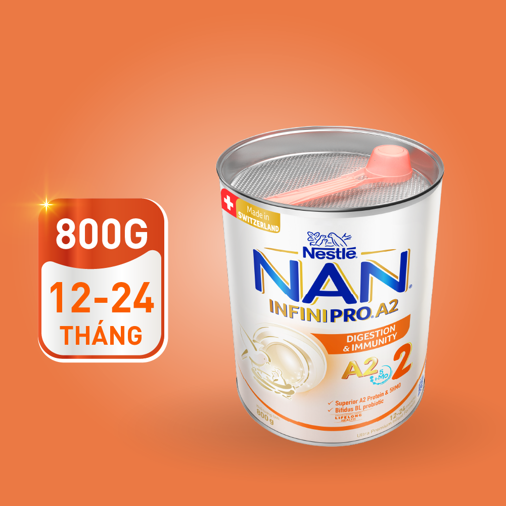 Thùng 6 lon sữa bột NAN INFINIPRO A2 Thụy Sĩ 2 800g với sự kết hợp độc đáo giữa đạm quý A2 và 5HMO (12 - 24 tháng)